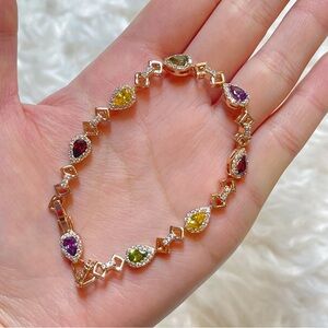 Multicolor Rainbow Gem Teardrop Tennis Bracelet Gold Plated w/ Adjustable Link